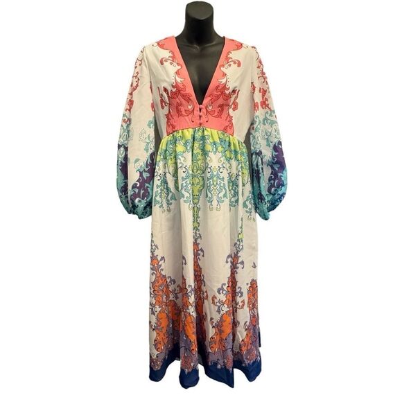 NEW Beulah multicolor damask plunging balloon sleeve midi maxi dress size large - Picture 1 of 11
